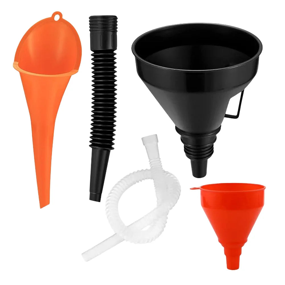 Universal Engine Oil & Fuel Funnel Set – 5-Piece Refueling Funnel Kit with Flexible Extension Tube