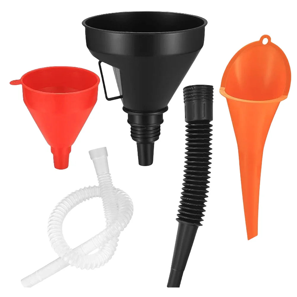 Universal Engine Oil & Fuel Funnel Set – 5-Piece Refueling Funnel Kit with Flexible Extension Tube