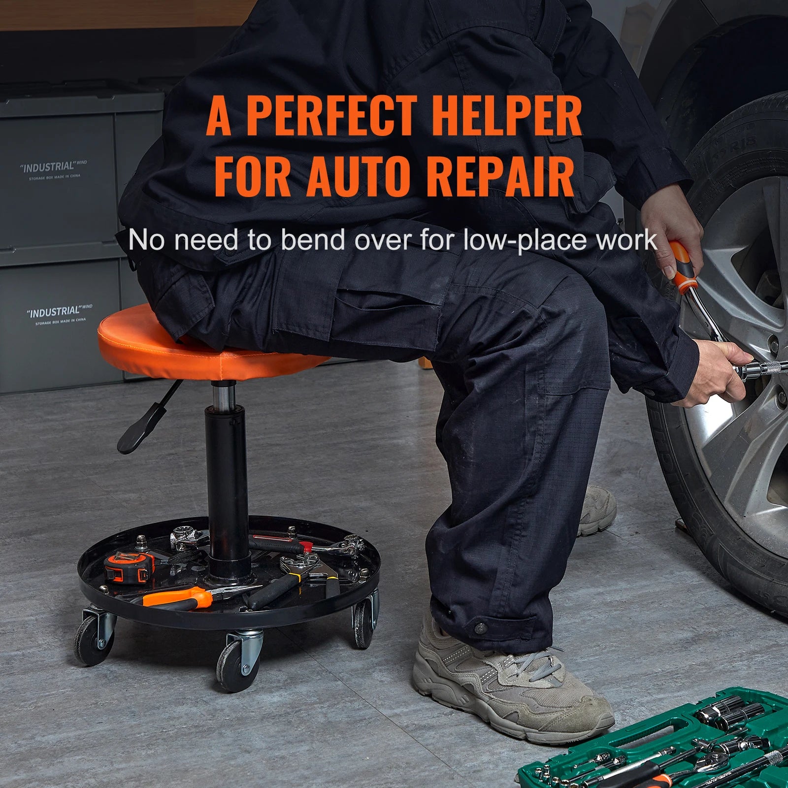 Rolling Pneumatic Mechanic Stool – Adjustable Garage Seat with Tool Tray & 360° Casters