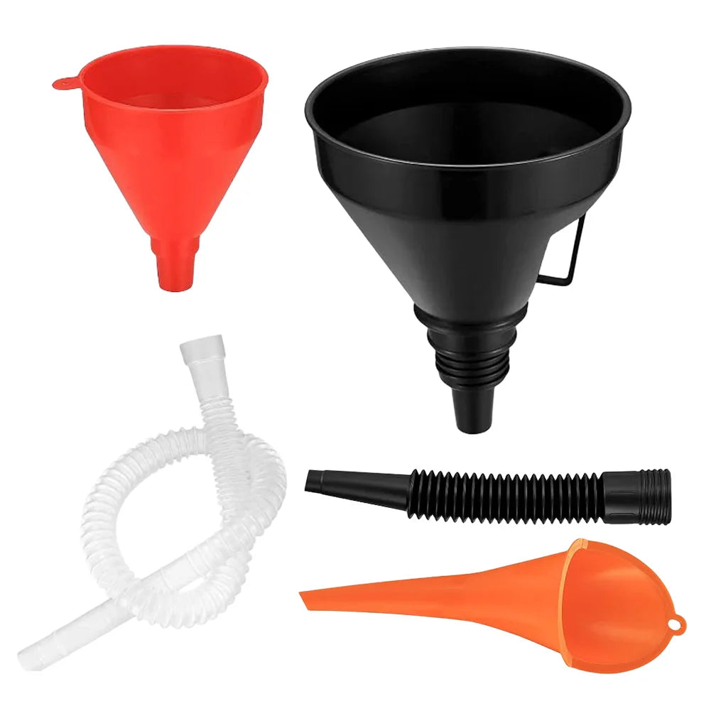 Universal Engine Oil & Fuel Funnel Set – 5-Piece Refueling Funnel Kit with Flexible Extension Tube