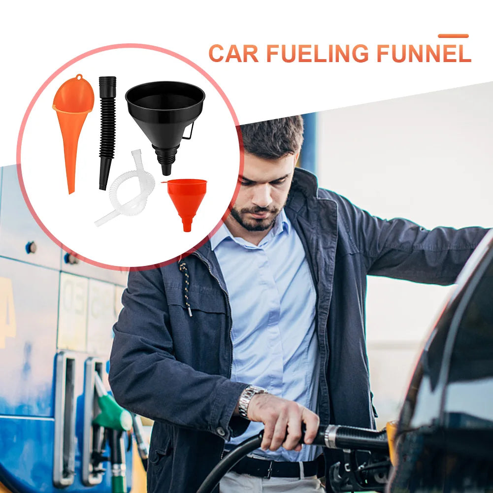 Universal Engine Oil & Fuel Funnel Set – 5-Piece Refueling Funnel Kit with Flexible Extension Tube