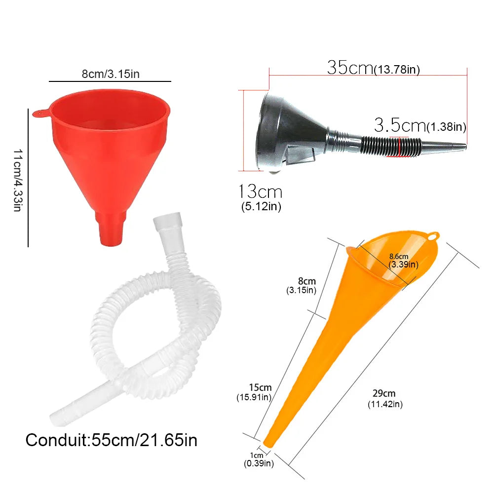 Universal Engine Oil & Fuel Funnel Set – 5-Piece Refueling Funnel Kit with Flexible Extension Tube