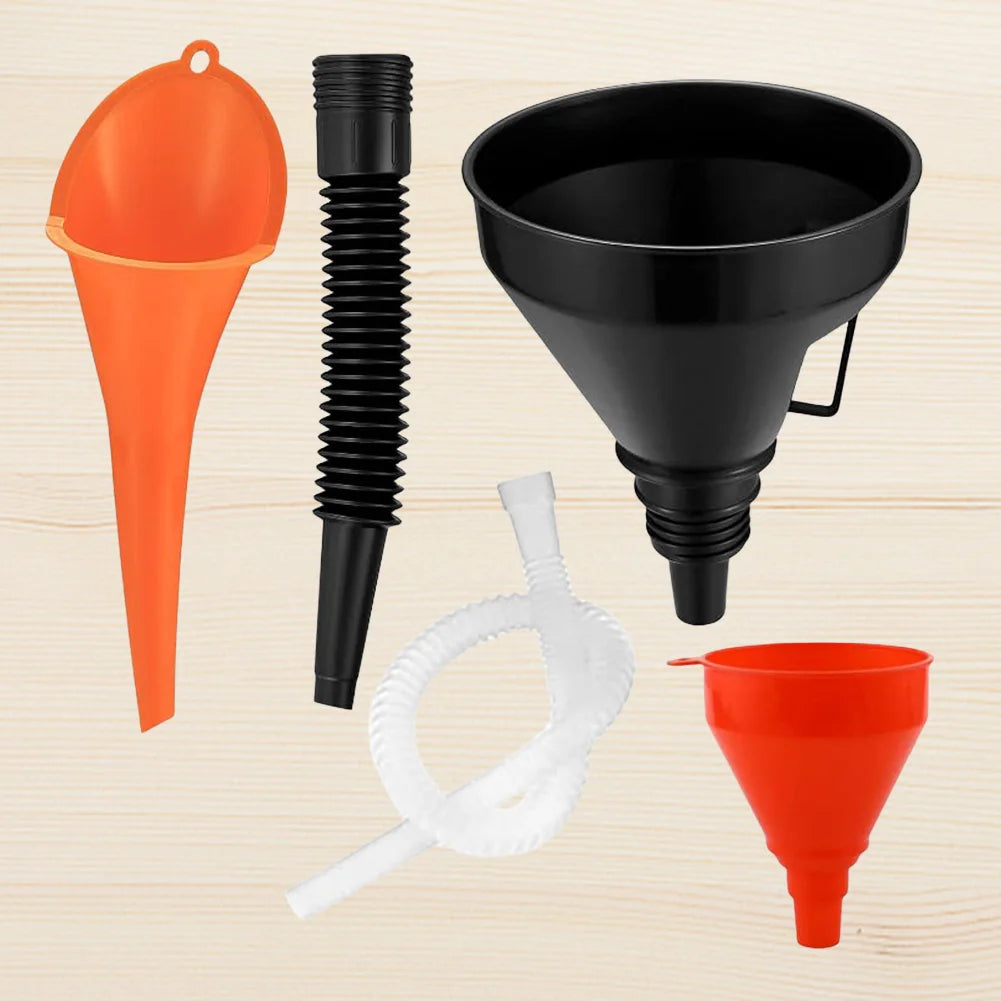 Universal Engine Oil & Fuel Funnel Set – 5-Piece Refueling Funnel Kit with Flexible Extension Tube